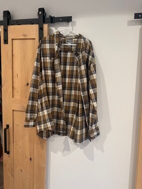 Duluth Trading Co Brown & White Plaid Flannel Shirt with Navy Lines